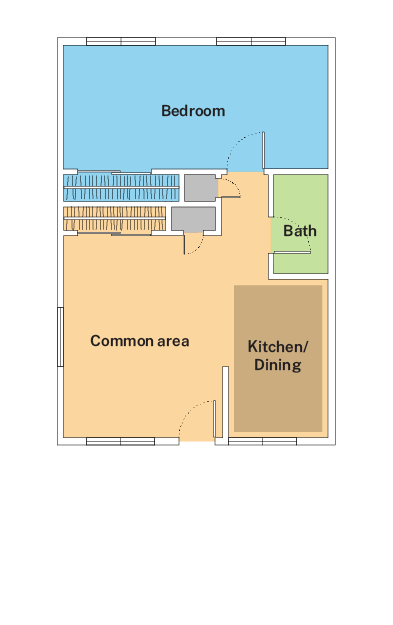 Floor plan for a 2-person, 1-bedroom, 1-bathroom Efficiency Apartment on Freedom Apartments