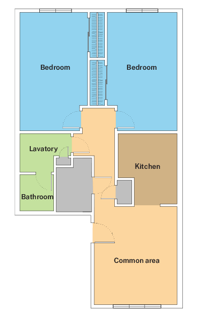 Floor plan for a 4-person, 2-bedroom, 1-bathroom Standard Apartment on Freedom Apartments.