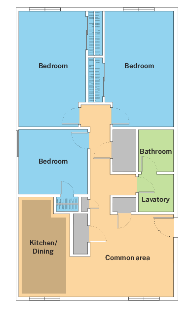 Floor plan for a 5-person, 3-bedroom, 1-bathroom Standard Apartment on Freedom Apartments.