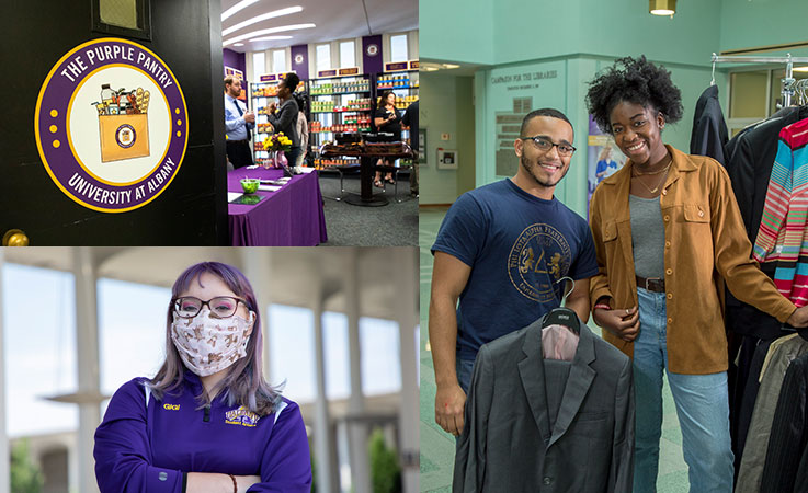 Photo collage of funds supported by this year's class gift, Purple Pantry, students at Purple Threads and a student wearing a mask.