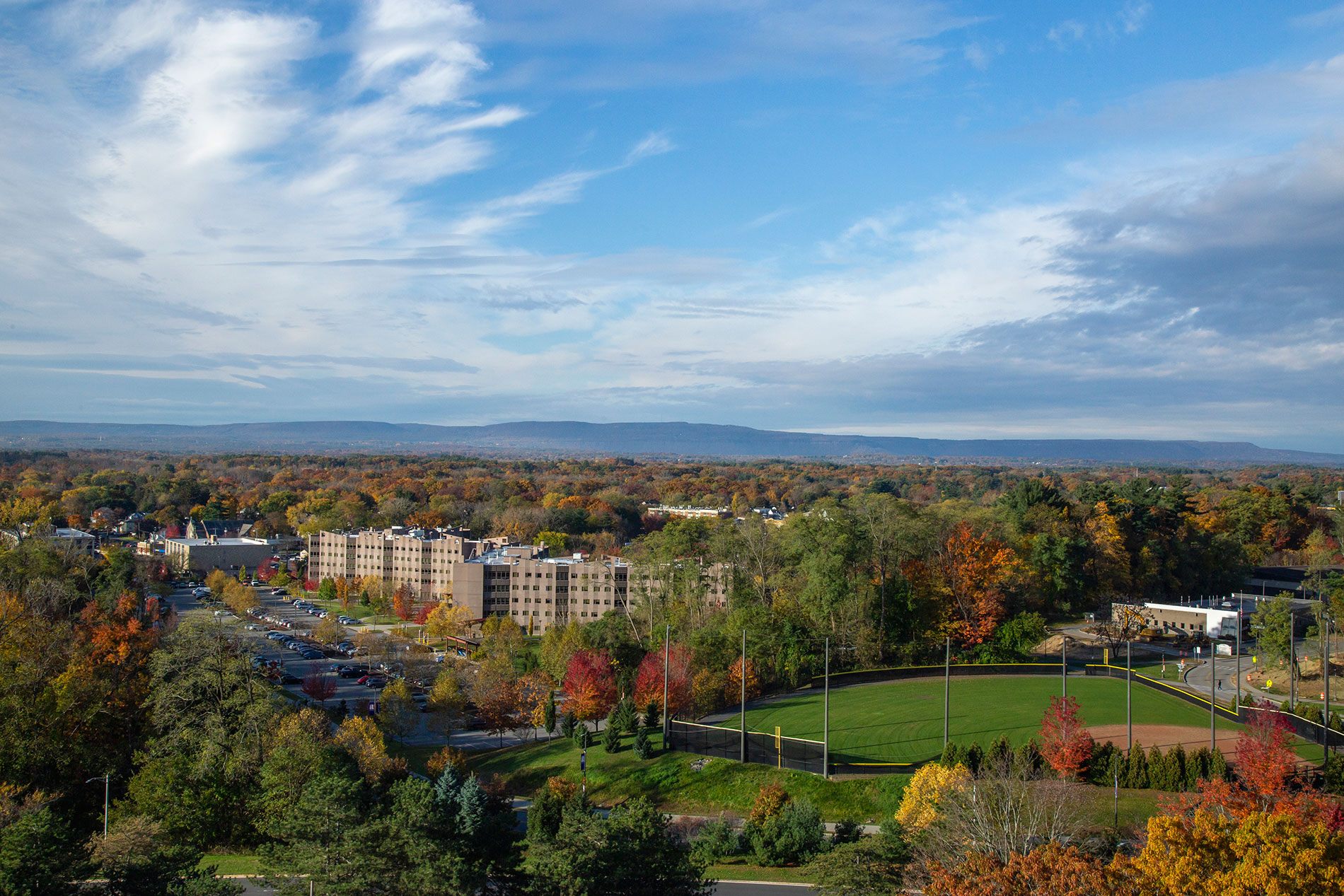 Aerial image of campus in the fall