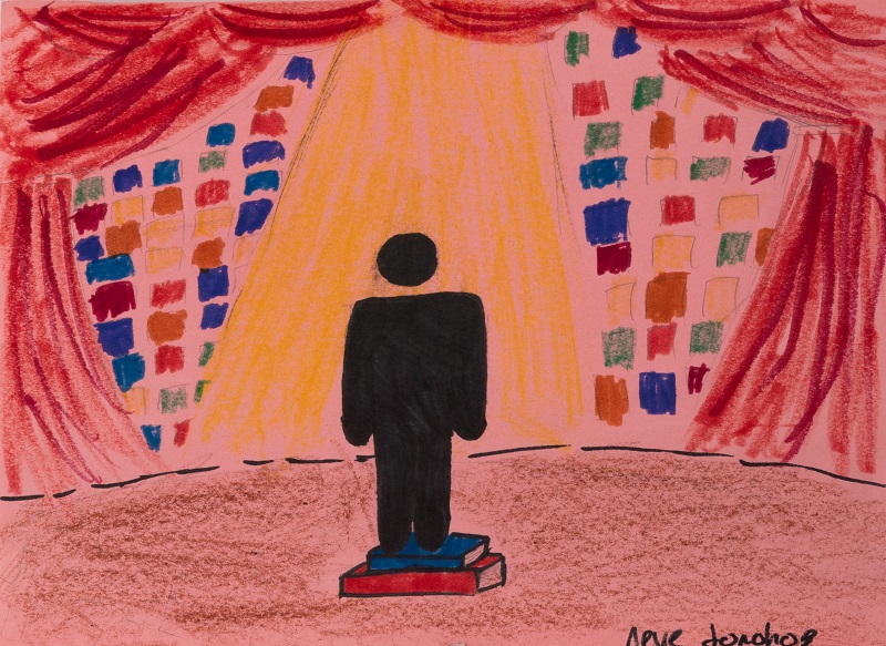 "Dream School," a student submission to the art exhibit, depicts a dark human silhouette standing on two books on a stage, framed by red curtains.