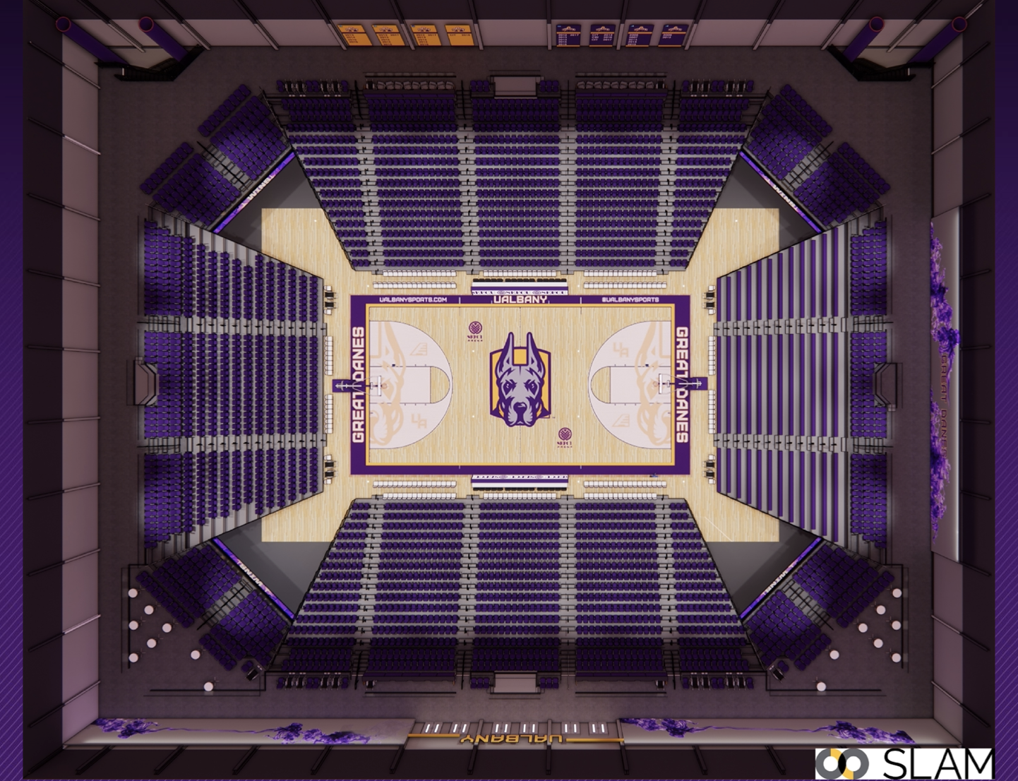 A rendering that depicts the new seat configuration in the SEFCU Arena, with purple bleachers on four sides of the basketball court and Damien's face at center court.