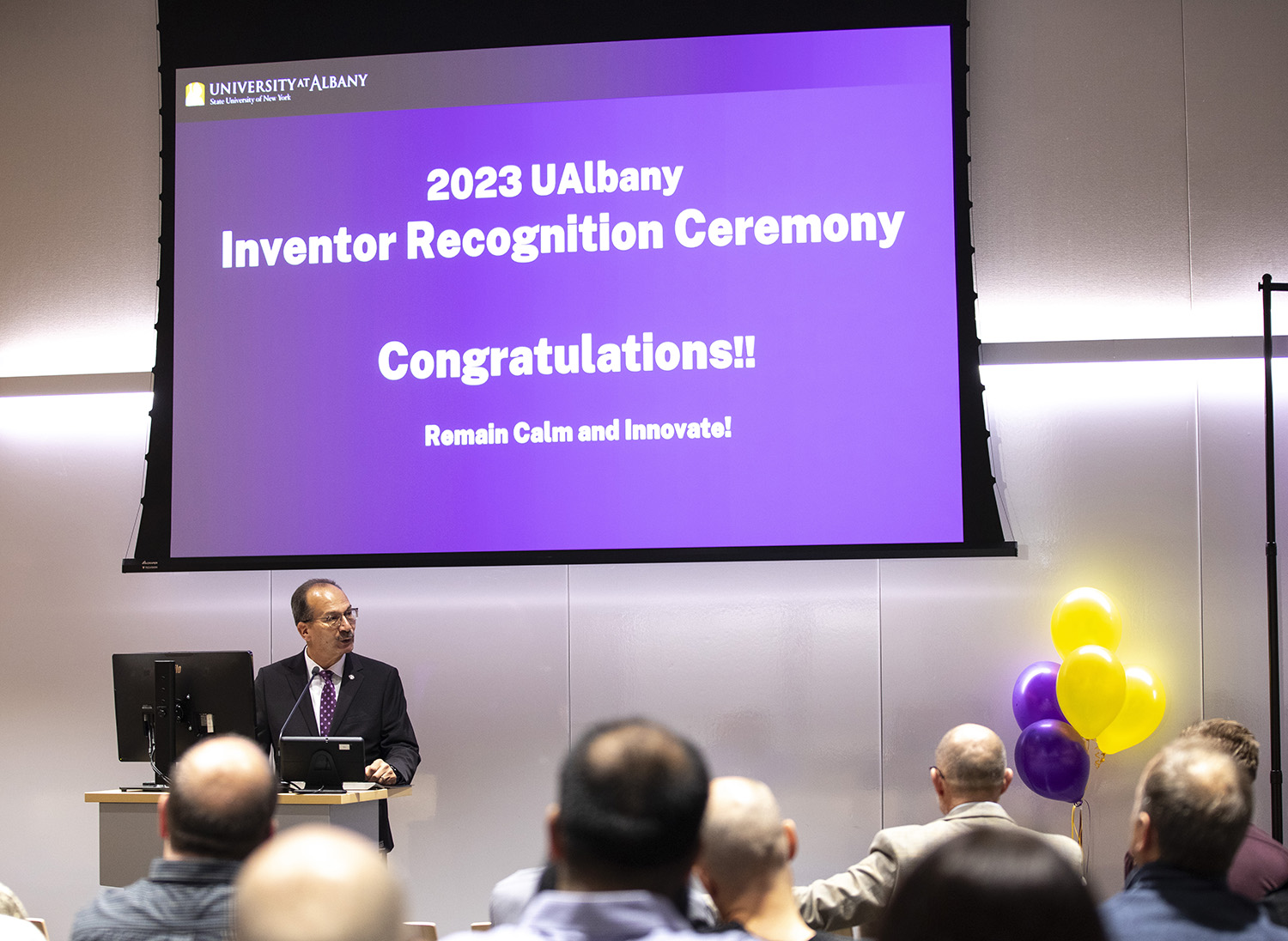 UAlbany President Havidan Rodriguez welcomes guests to the 2023 Inventor Recognition Ceremony.