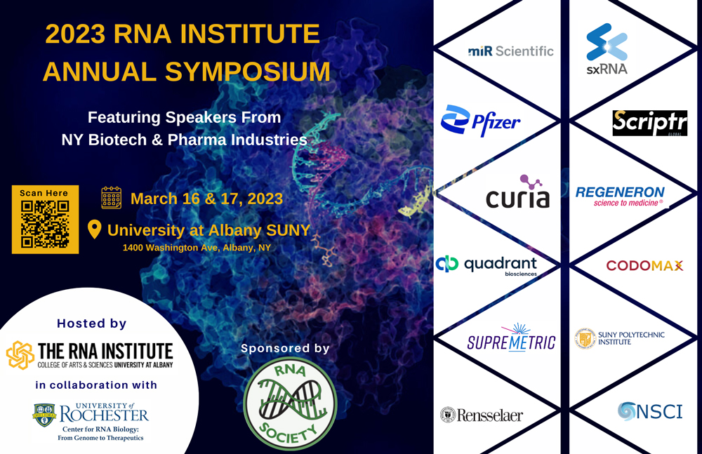 Flyer of 2023 RNA Institute Symposium with 12 logos of participating biotech industries.