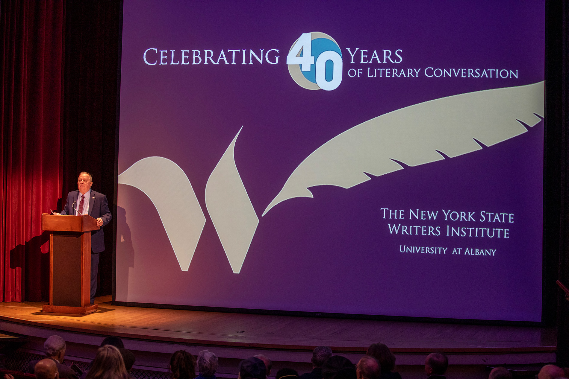 Director Paul Grondahl welcomes guests to the NYSWI's 40th Anniversary Celebration.