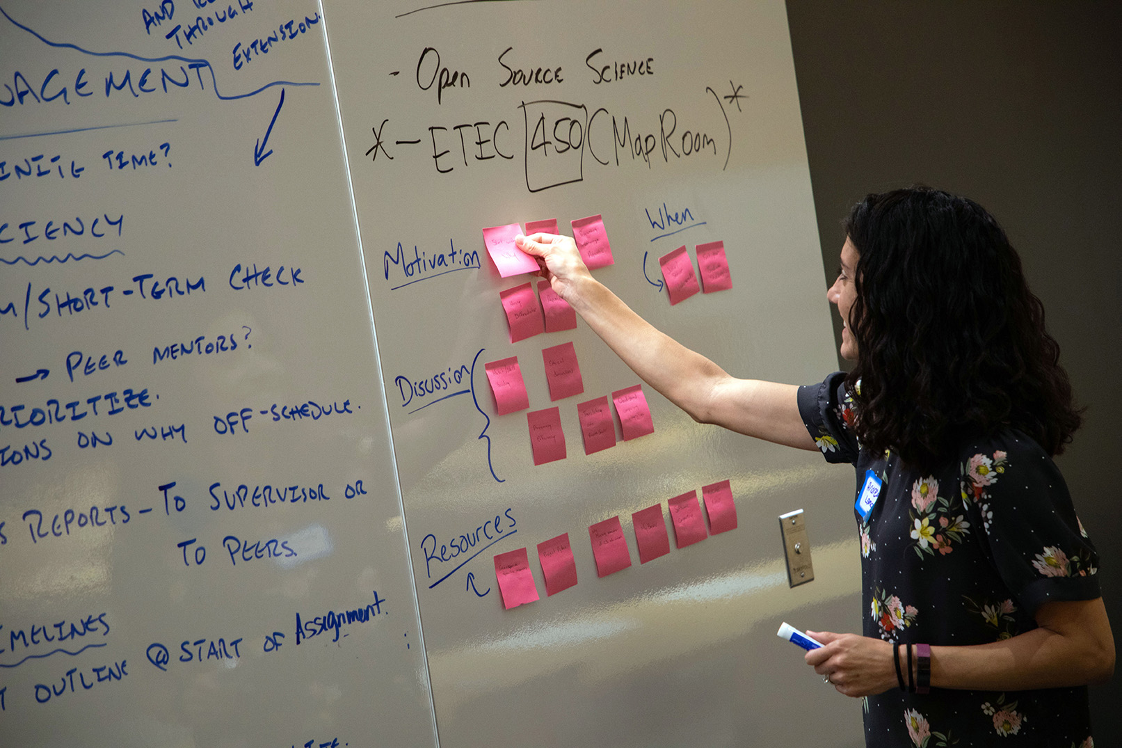 DAES Associate Professor Andrea Lang shares ideas on a whiteboard inside ETEC at the Mind the Gap workshop.