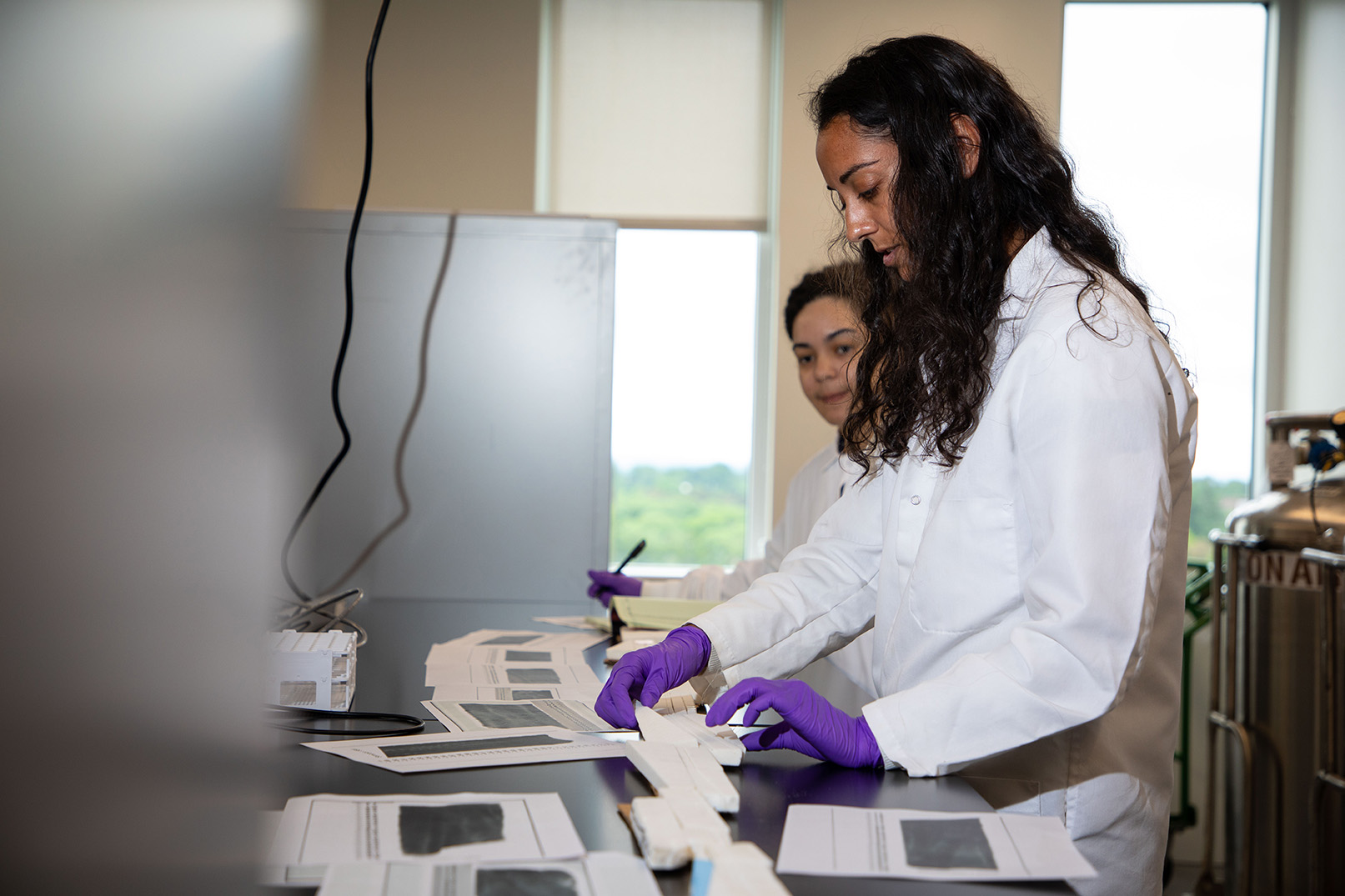 Sujata Murty and graduate student Daliza Rivera sort through coral samples inside the Paleoclimate Lab.