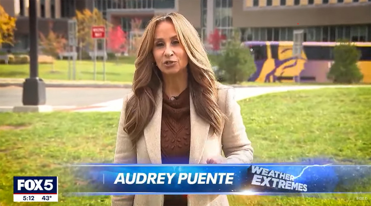 Audrey Puente of FOX 5 NY stands in front of the ETEC research and development complex.