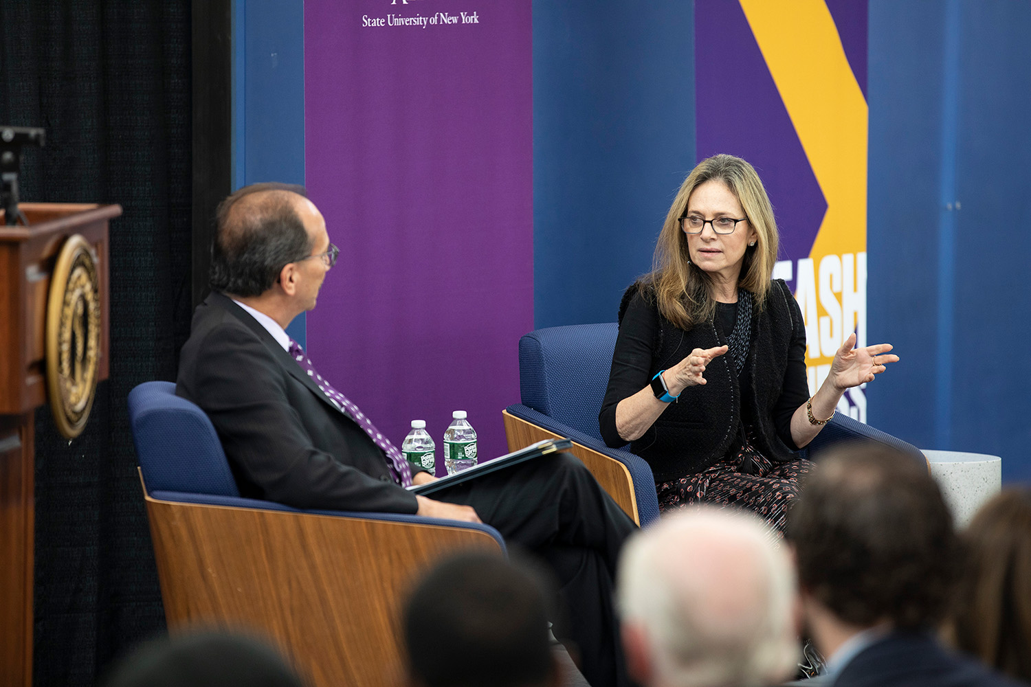 oan Solotar, Global Head of Private Wealth Solutions at Blackstone, speaks with UAlbany President Havidán Rodríguez during the 6th Annual Massry Lecture on Friday, Oct. 28 at the Massry Center for Business at UAlbany.