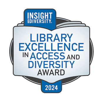 A blue and white logo of a book reads "Insight into Diversity Library Excellence in Access and Diversity Award 2024"