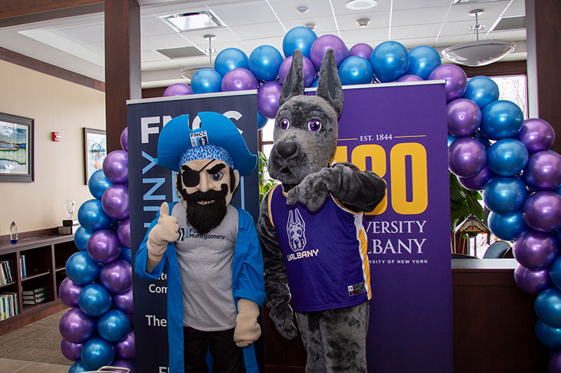 The FMCC and UAlbany mascots together.