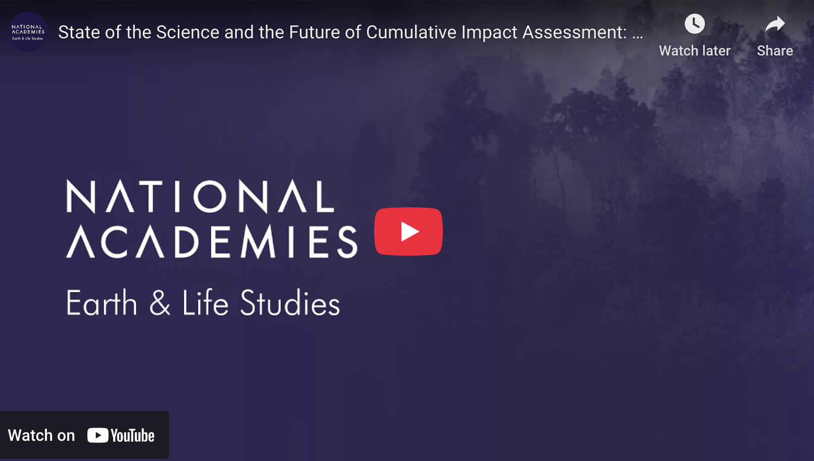 A screenshot of a Youtube video player. The screen shows a red play button, with the words National Academies, Earth & Life Studies.