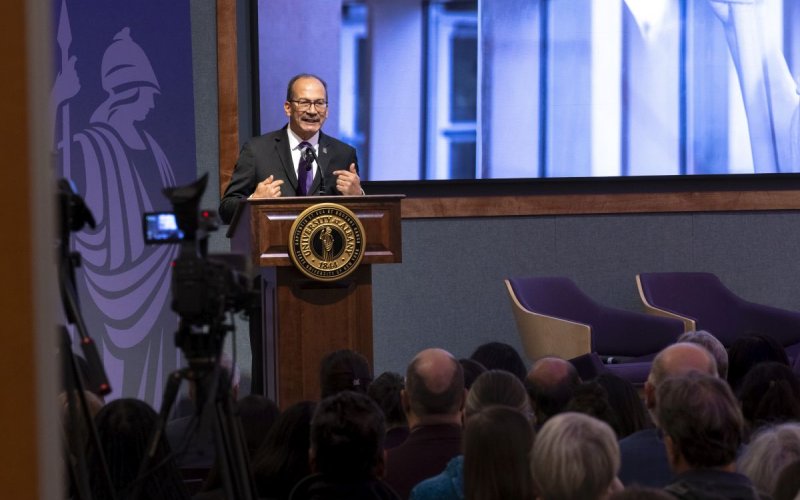 President Rodríguez delivers his Fall Address to a packed Campus Center Ballroom.