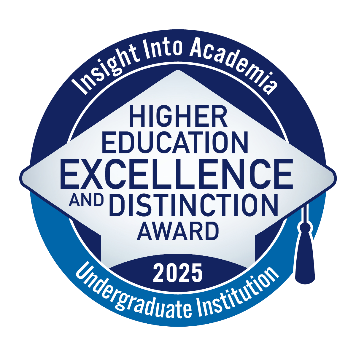 A blue circular logo with a gray graduation cap and the words “Insight into Academia, Higher Education Excellence and Distinction Award 2025, Undergraduate Institution.”