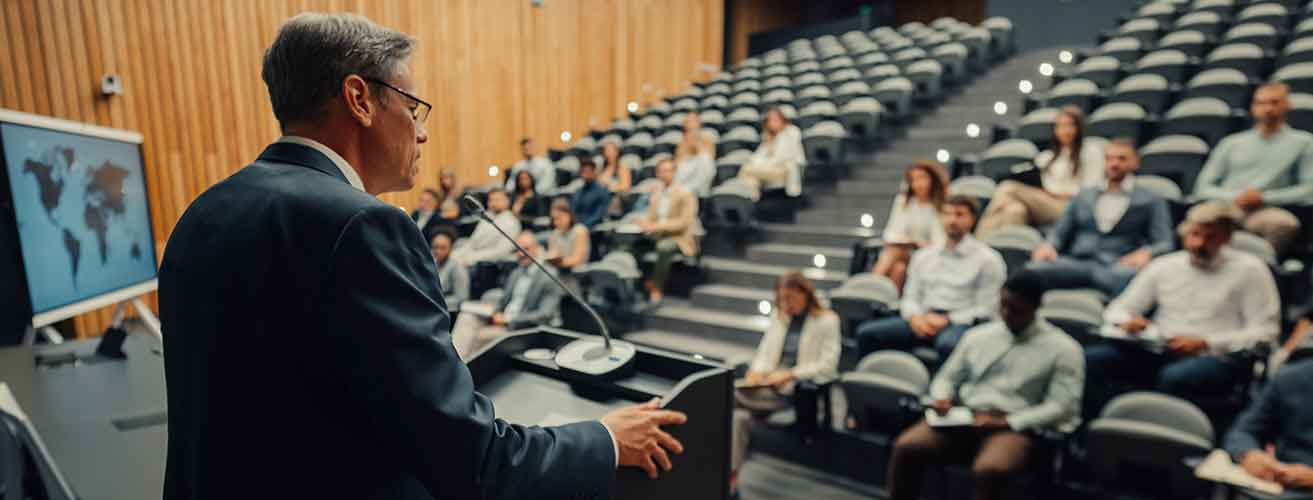 A communications professional leads a press conference in a lecture hall.