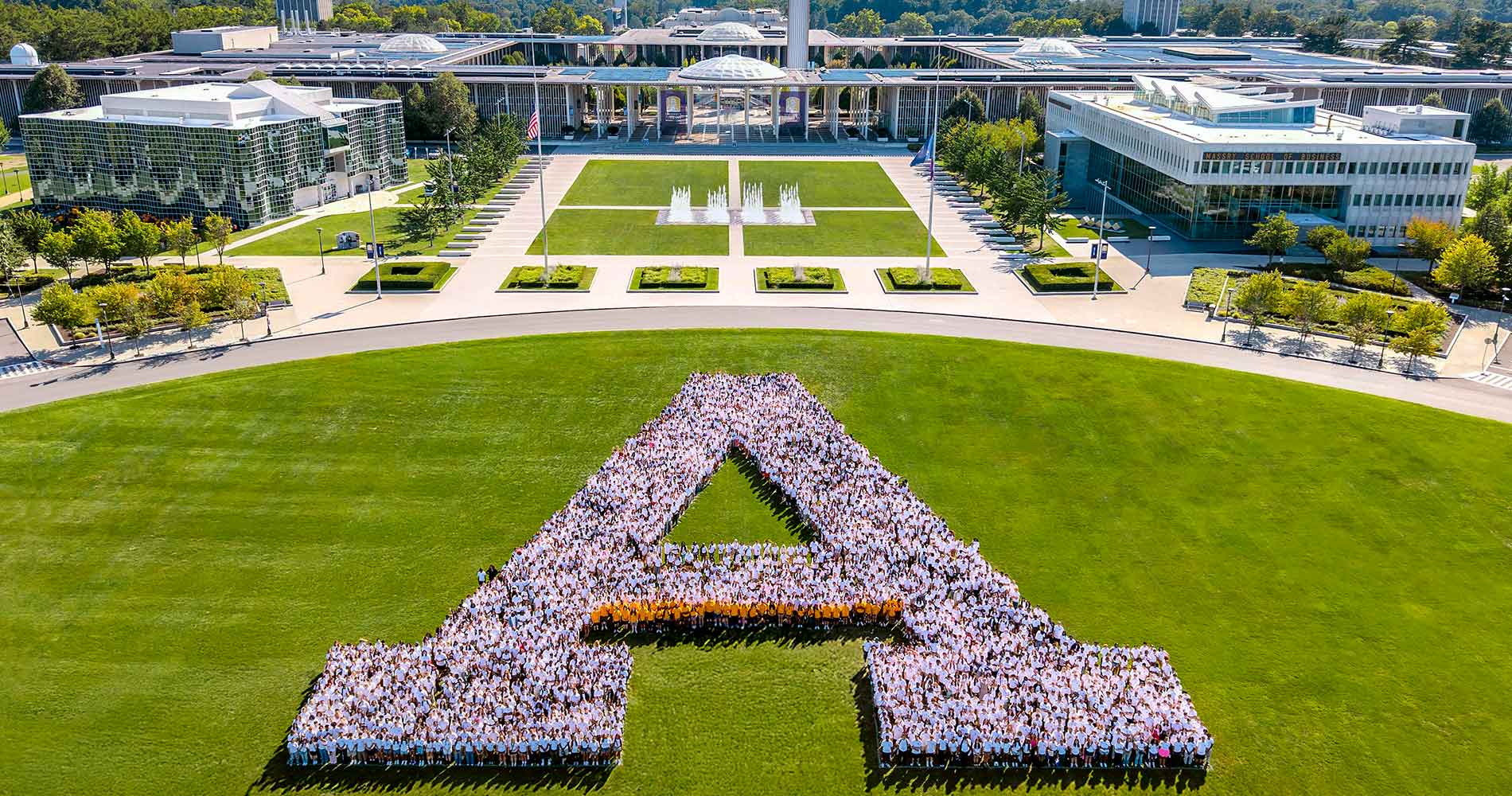Class of 2027 forming an A in Collins Circle. 