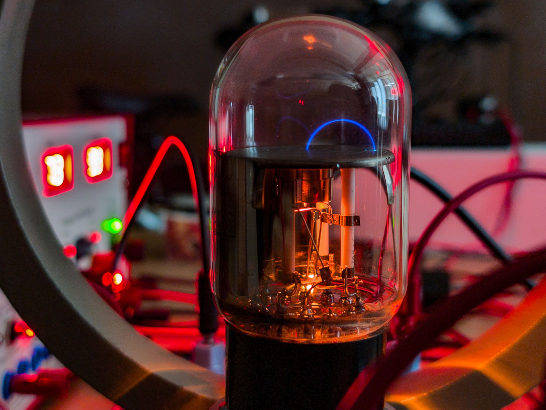 Electron beam bending in the presence of a magnetic field.