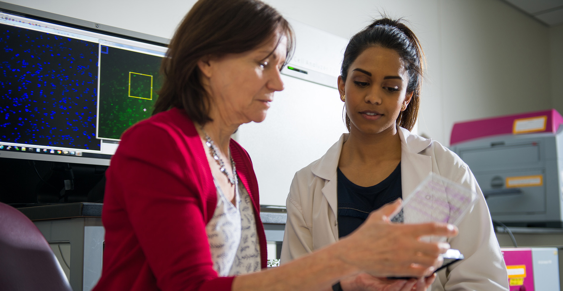 Two women in a lab working together. 