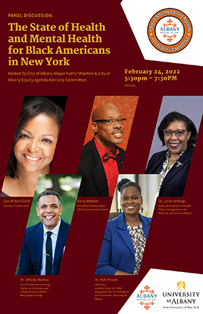 A poster for a Feb. 24 event in Albany, the State of Health and Mental Health for Black Americans in New York, with five individual photos of participants