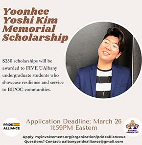 An ad for a memorial scholarship in the name of Yoonhee Yoshi Kim, who is shown in a round photo