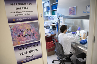 A research sits at a large enclosed area, with signs near the doorway saying Sample Process and Authorized Personell Only