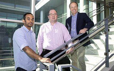 Part of the RNA Institute's myotonic dystrophy research team are, left to right, research scientist Kaalak Reddy, collaborative staff scientist John Cleary, and institute director, Andy Berglund. (Photo by Patrick Dodson)