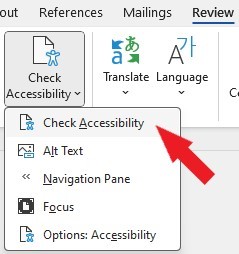 Screenshot of the Word interface showing a dropdown menu under the "Review" tab with "Check Accessibility" selected. 