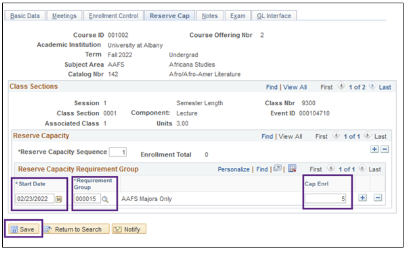 A screenshot of the PeopleSoft page, showing the actions described above in Step 4.