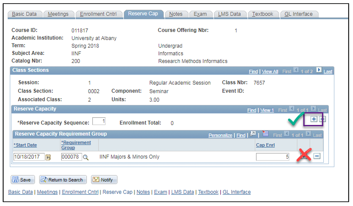 A screenshot of the PeopleSoft page, showing how to add a row to the Reserve Capacity block.