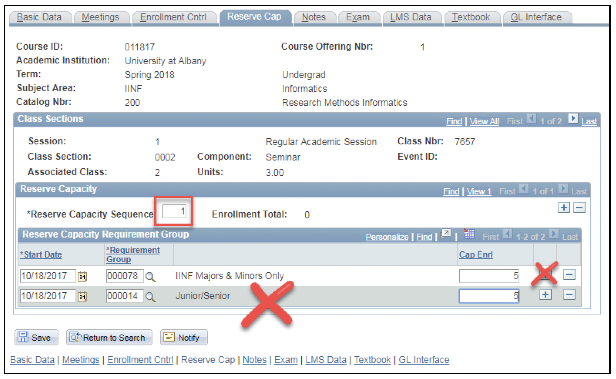 A screenshot of the PeopleSoft page, showing the incorrect way to add an additional reserve.