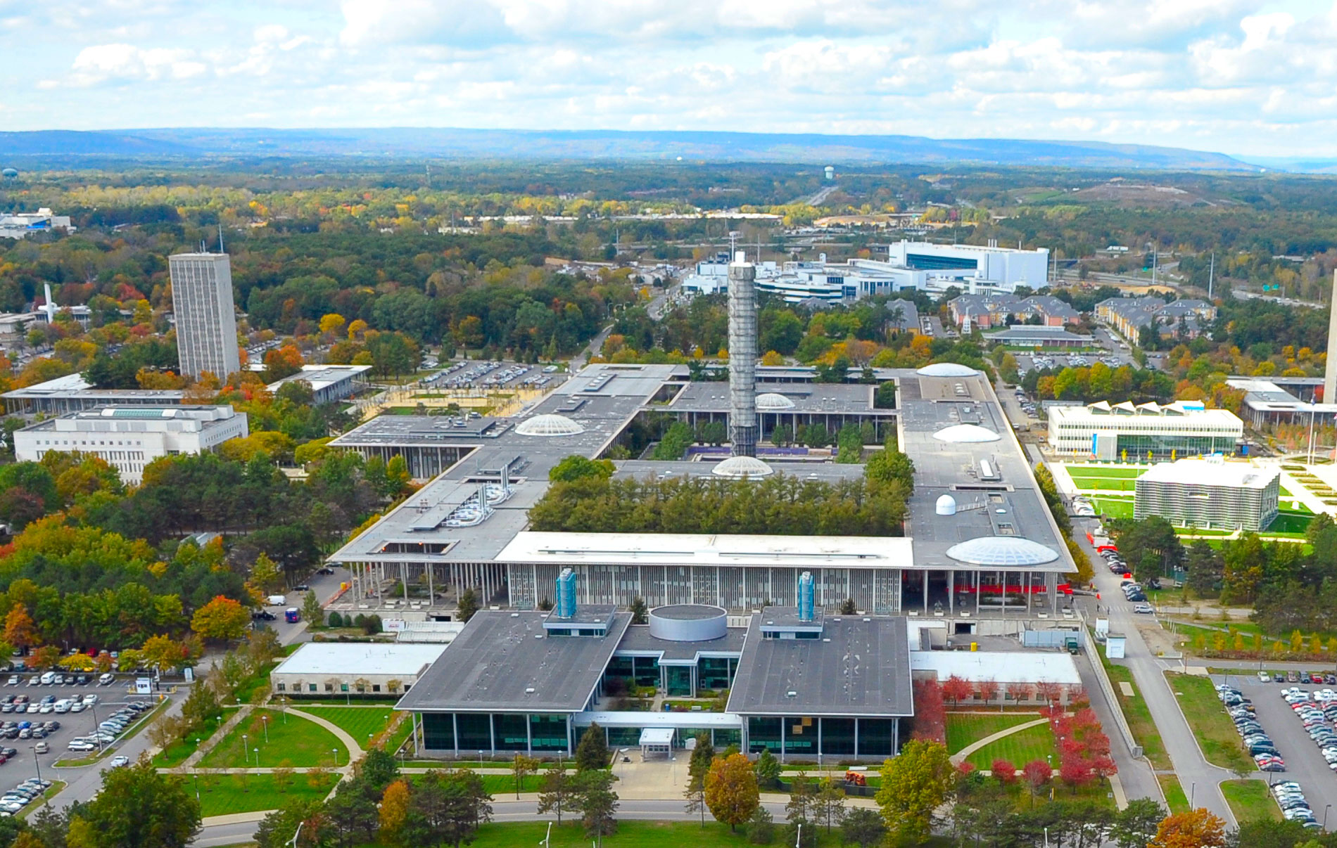 Aerial image of the uptown UAlbany campus