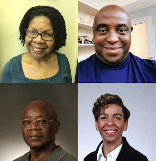 Composite of four faculty portraits show woman with short black hair and glasses, man in blue shirt, woman with short brown hair and a black blazer, and a man with glasses.