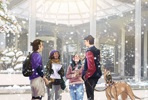 A digital drawing depicting a group of young people standing in the snow on the UAlbany campus with a leashed Great Dane staring cross-eyed at a pile of snow on his nose.