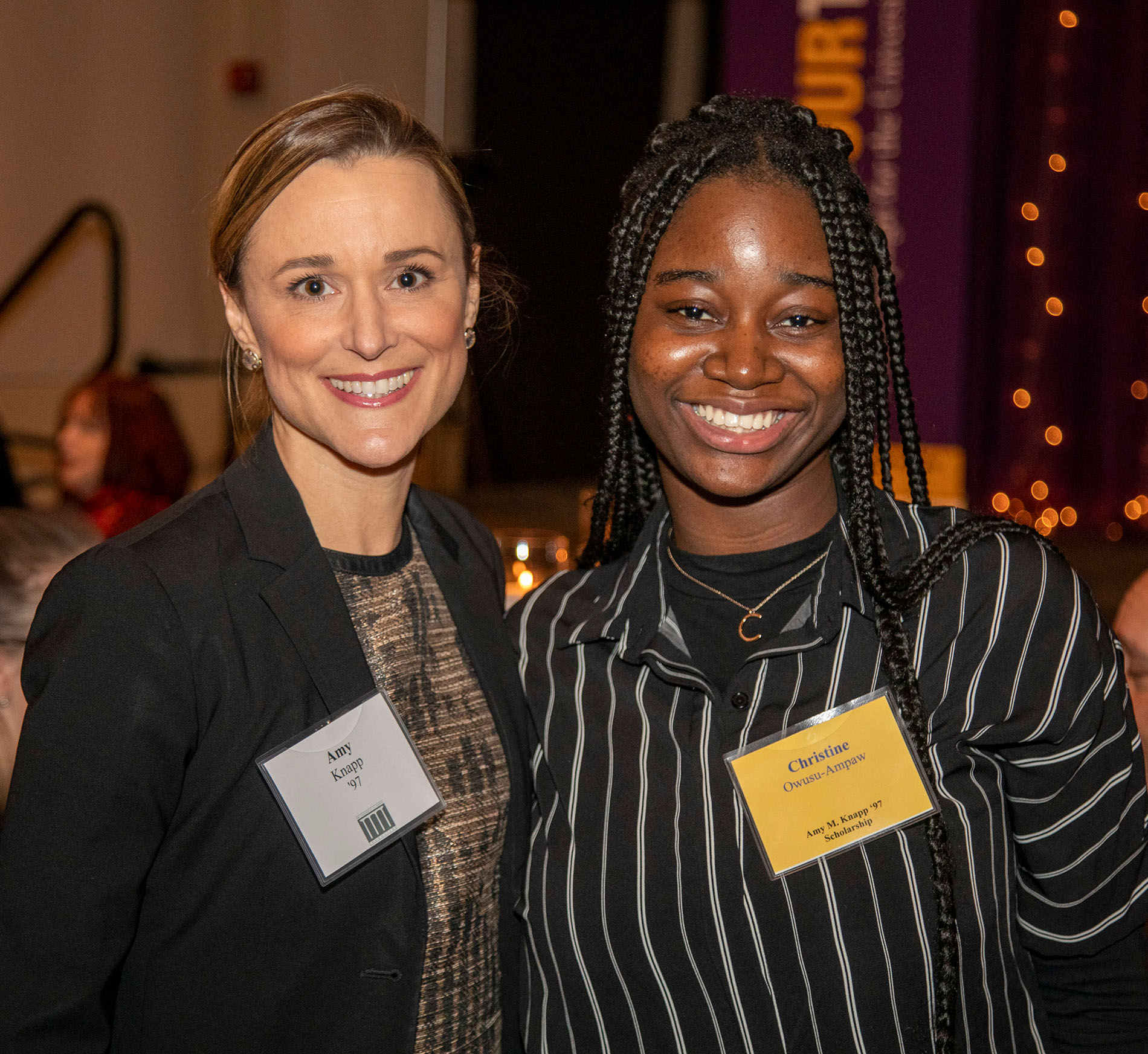 At the 2019 Celebration of Scholarships event, Amy Knapp poses with Christine Owusu-Ampaw, recipient of the Amy M. Knapp '97 Scholarship. Photo by Patrick Dodson