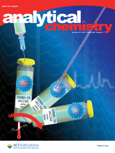 This image is a screengrab of the January 2024 cover of the journal 'Analytical Chemistry' featuring an illustration three covid-19 vaccine vials, one of which is being probed by a laser, the other is being punctured by a needle attached to a syringe.