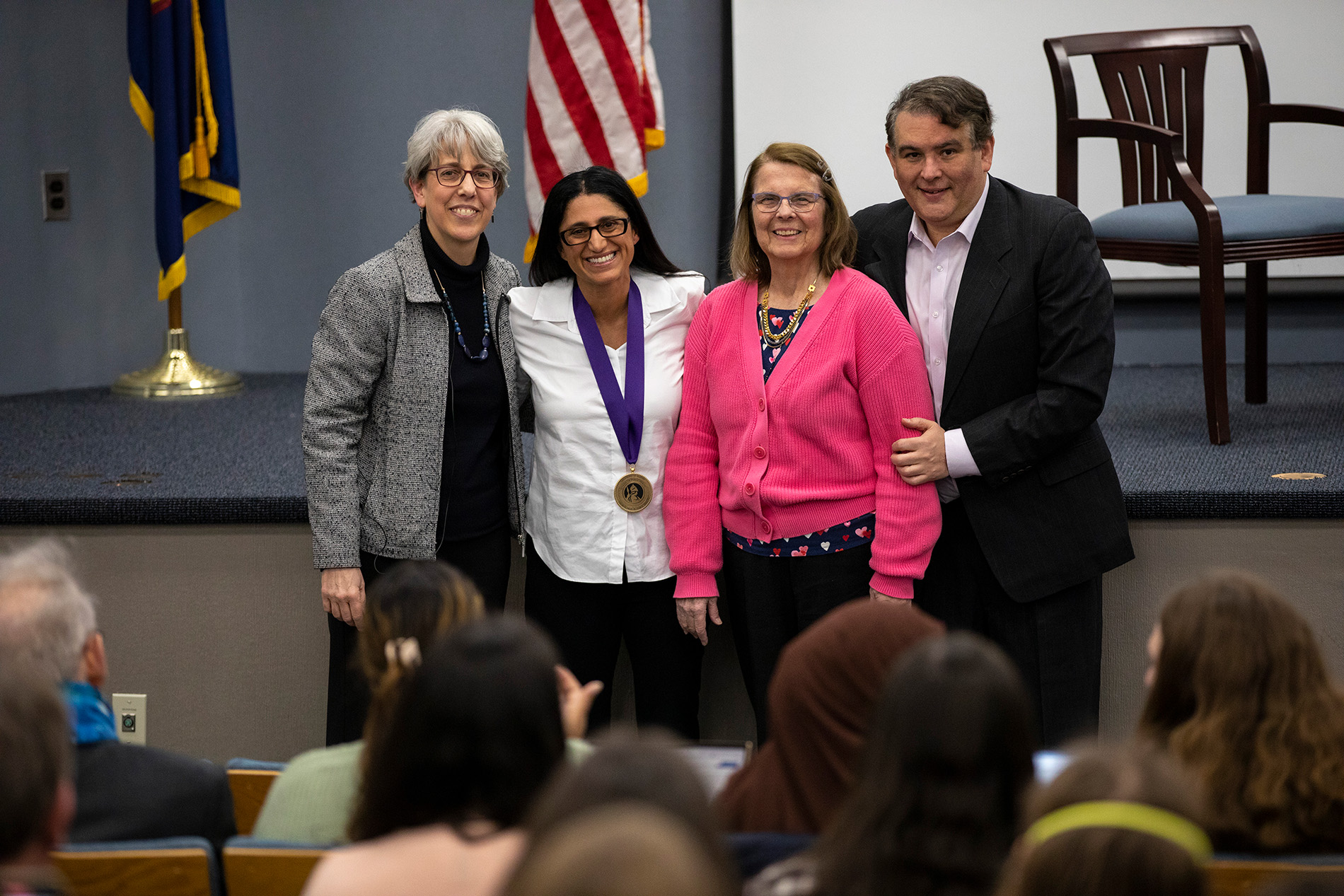 A portrait of Mary Gallant, Mona Hanna-Attisha, Jonathan Axelrod, and Janet Axelrod.