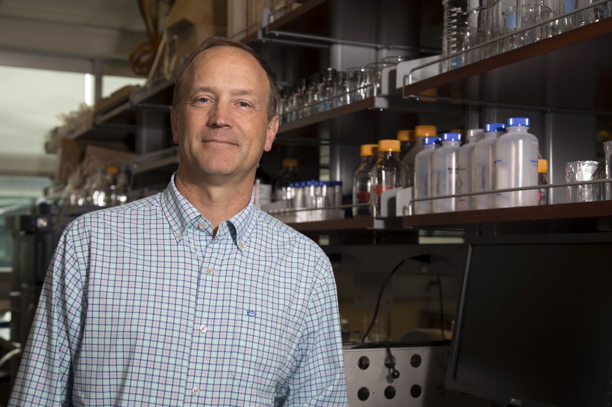 Andy Berglund, wearing a button-down shirt, is pictured standing in his lab in front of a shelf containing plastic bottles and glass test tubes.