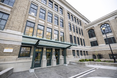 A courtyard is pictured near the entrance to CNSE on UAlbany's Downtown Campus