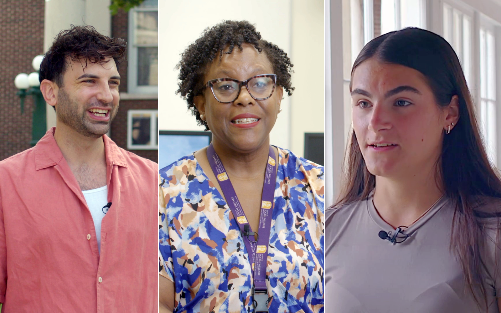 Composite image of three people. From left: a man in a salmon button down shirt smiles outdoors; a woman in a purple floral top and glasses smiles in a computer lab; a woman in a gray crewneck top speaks in a light filled corridor.