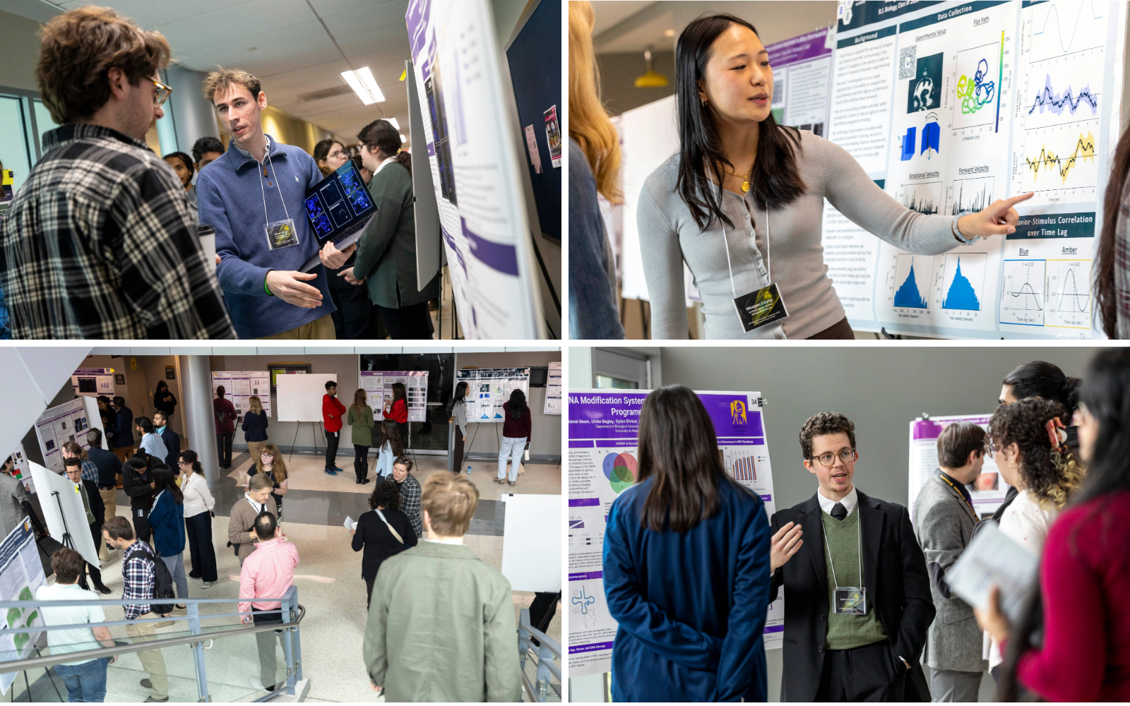 Composite image comprised of four photos. All depict young research trainees presenting their research posters to symposium participants.