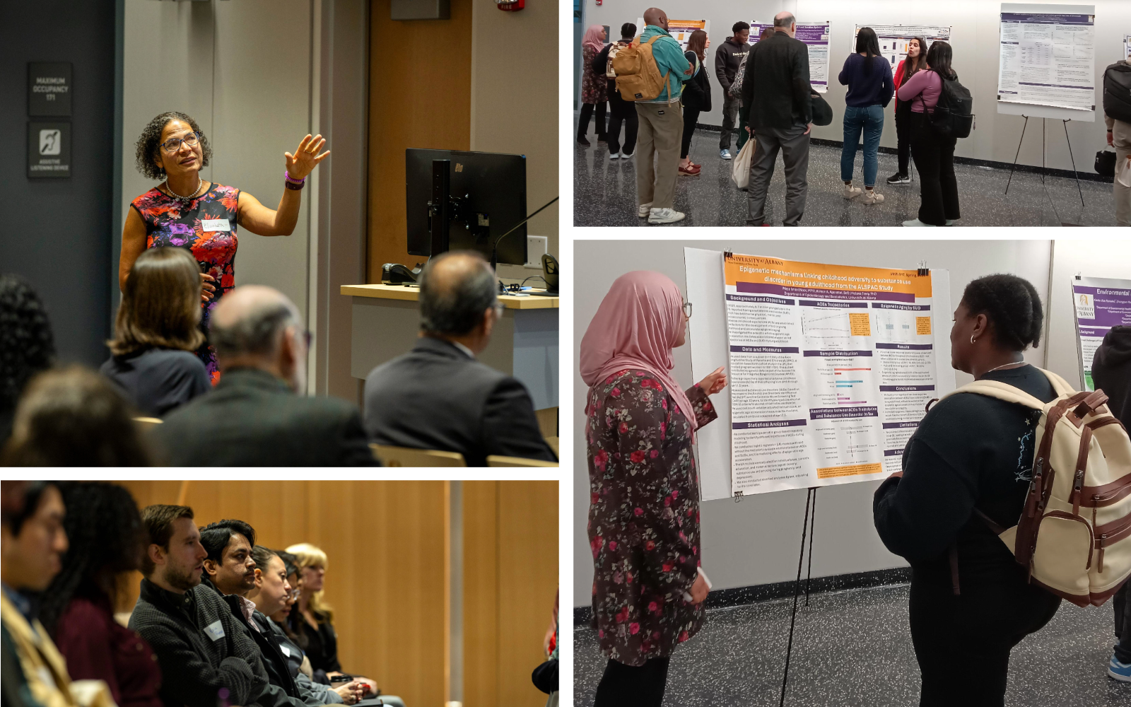 Composite image featuring four photos including: a woman in a floral print dress speaking in front of a group, nine people gathered around four posters pinned to display easels, two people standing next to one poster pinned to a display easel, and a row of seated people listening to a speaker who is out of the frame.  