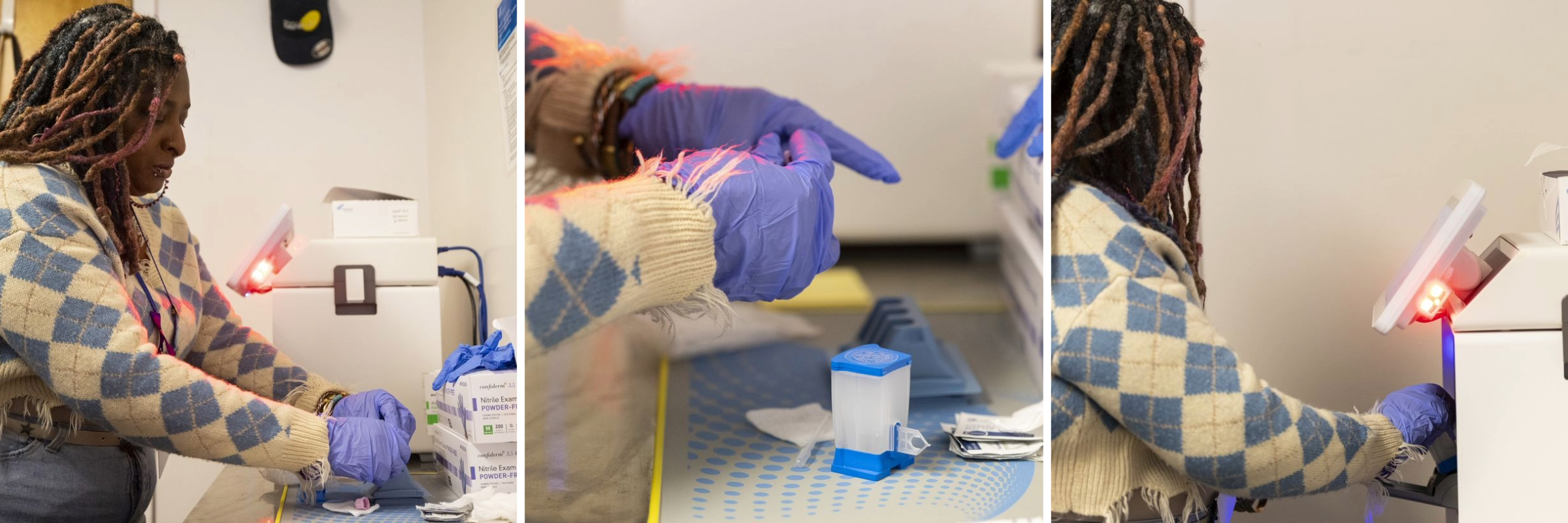 The image consists of three photos featuring a woman with dreadlocks wearing beaded hoop earrings and a blue and white argyle print sweater. In the first, she is working with lab materials wearing blue latex gloves. The second is a closeup of her hands and a small plastic box with blue lid containing a sample to be tested. In the third, she is putting the sample in a white plastic machine with a red glowing light and digital readout panel.  