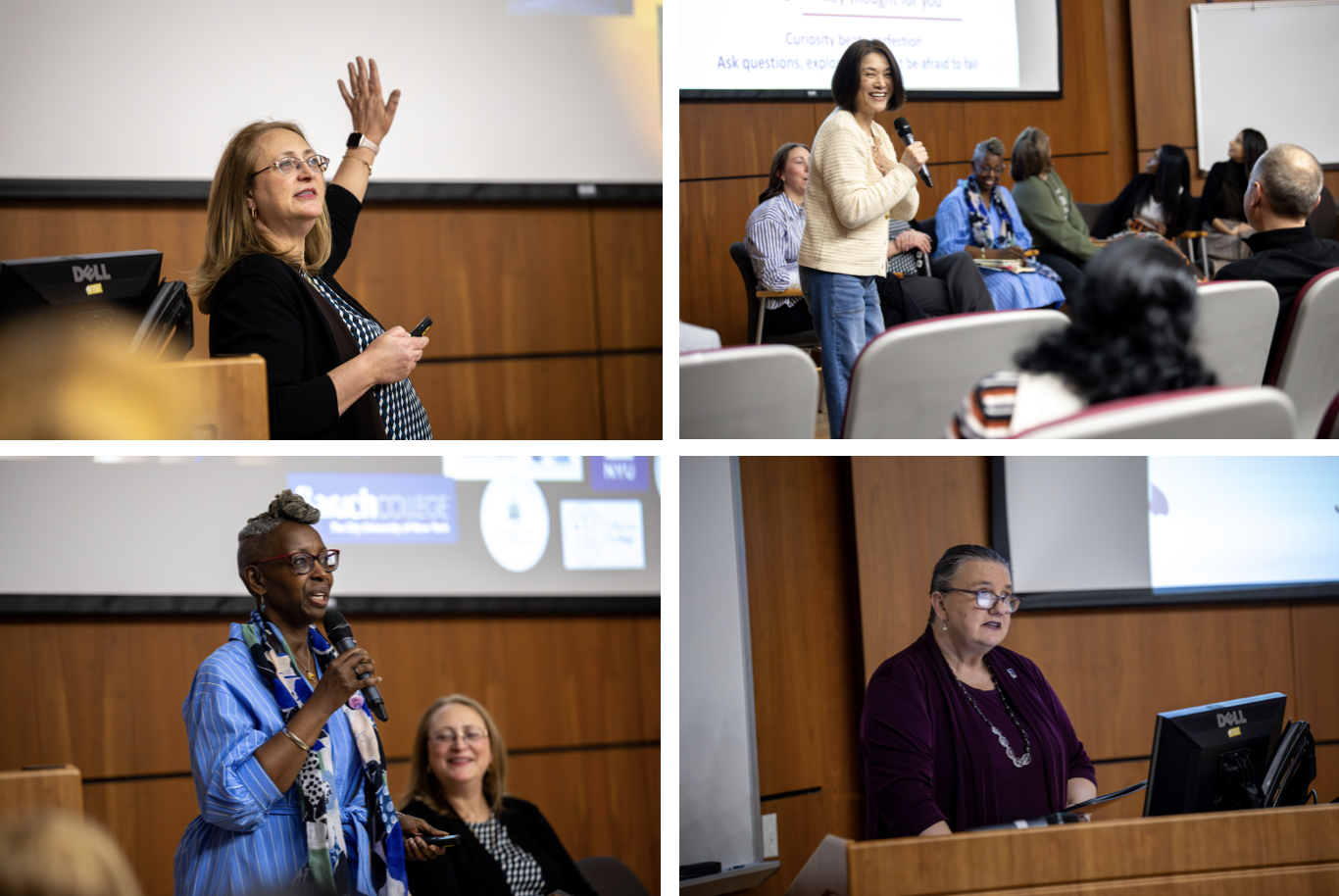 Composite of four photos of women speaking on a stage