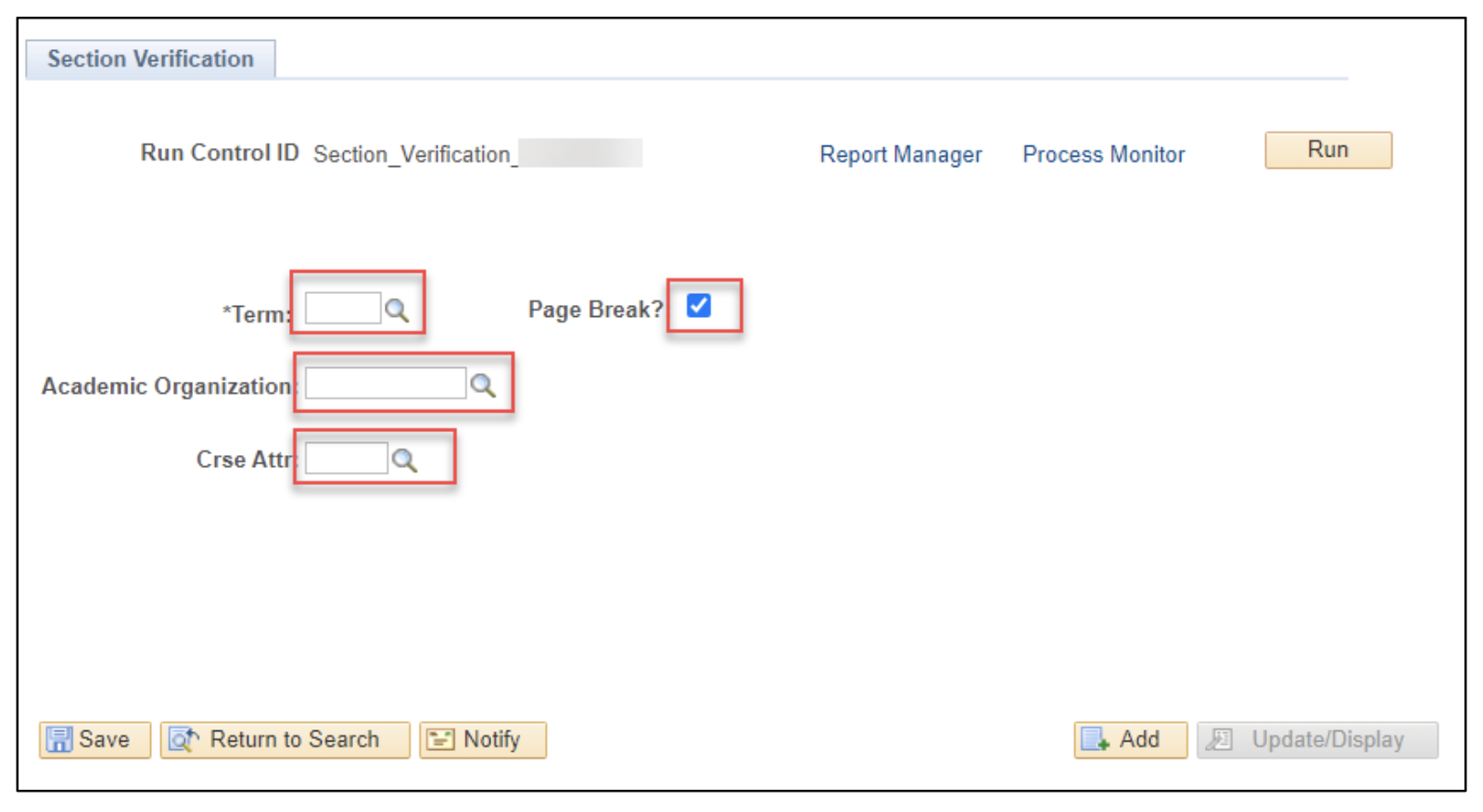 A screenshot of the PeopleSoft page, showing how to set search parameters, as described above.