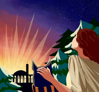 A digital drawing depicting the Roman Goddess Minerva embracing Damien the Great Dane as they look into the distance at a brilliantly colorful night sky silhouetting the University at Albany campus.