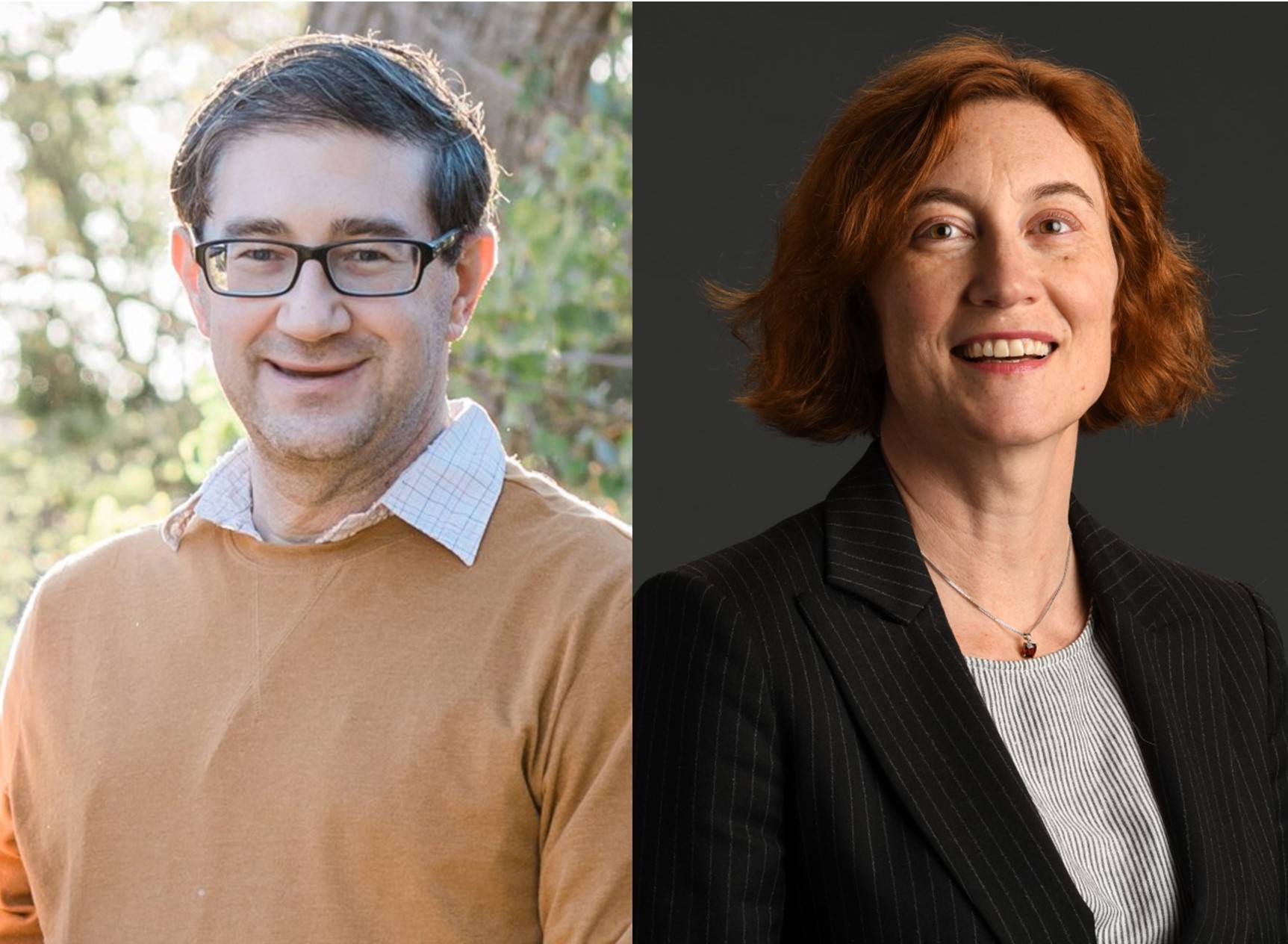 side by side headshots of man outside and woman with dark background