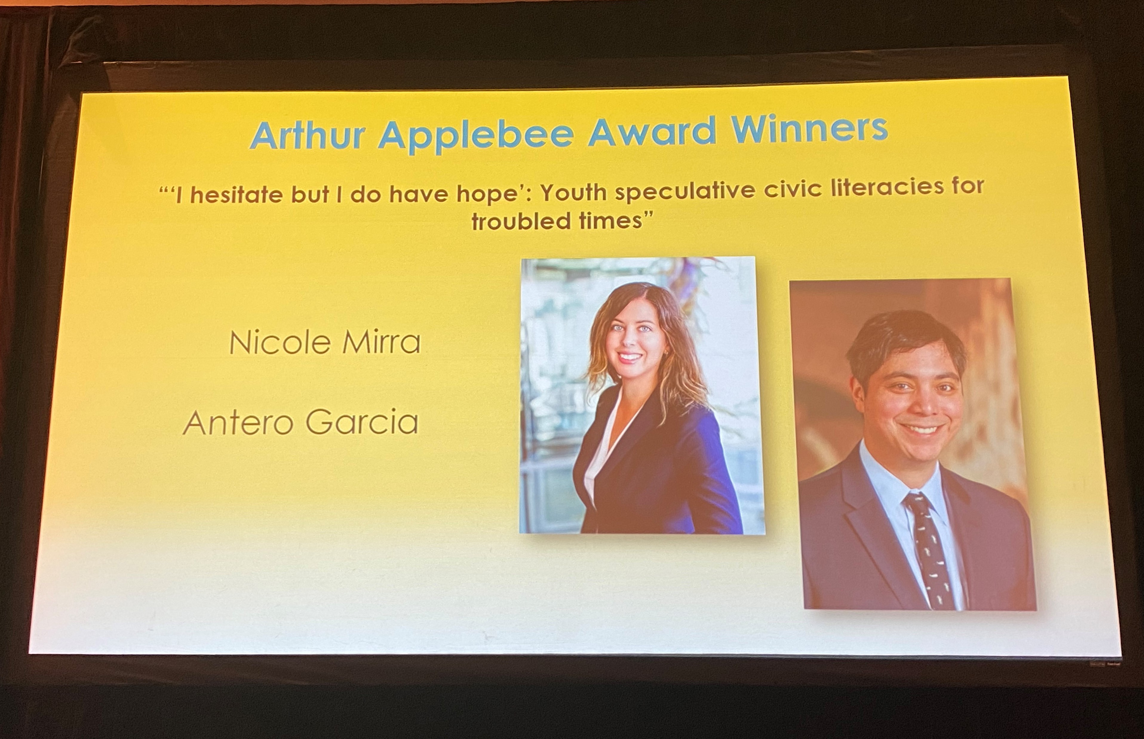 2021 Applebee Award recipients Nicole Mirra & Antero Garcia
