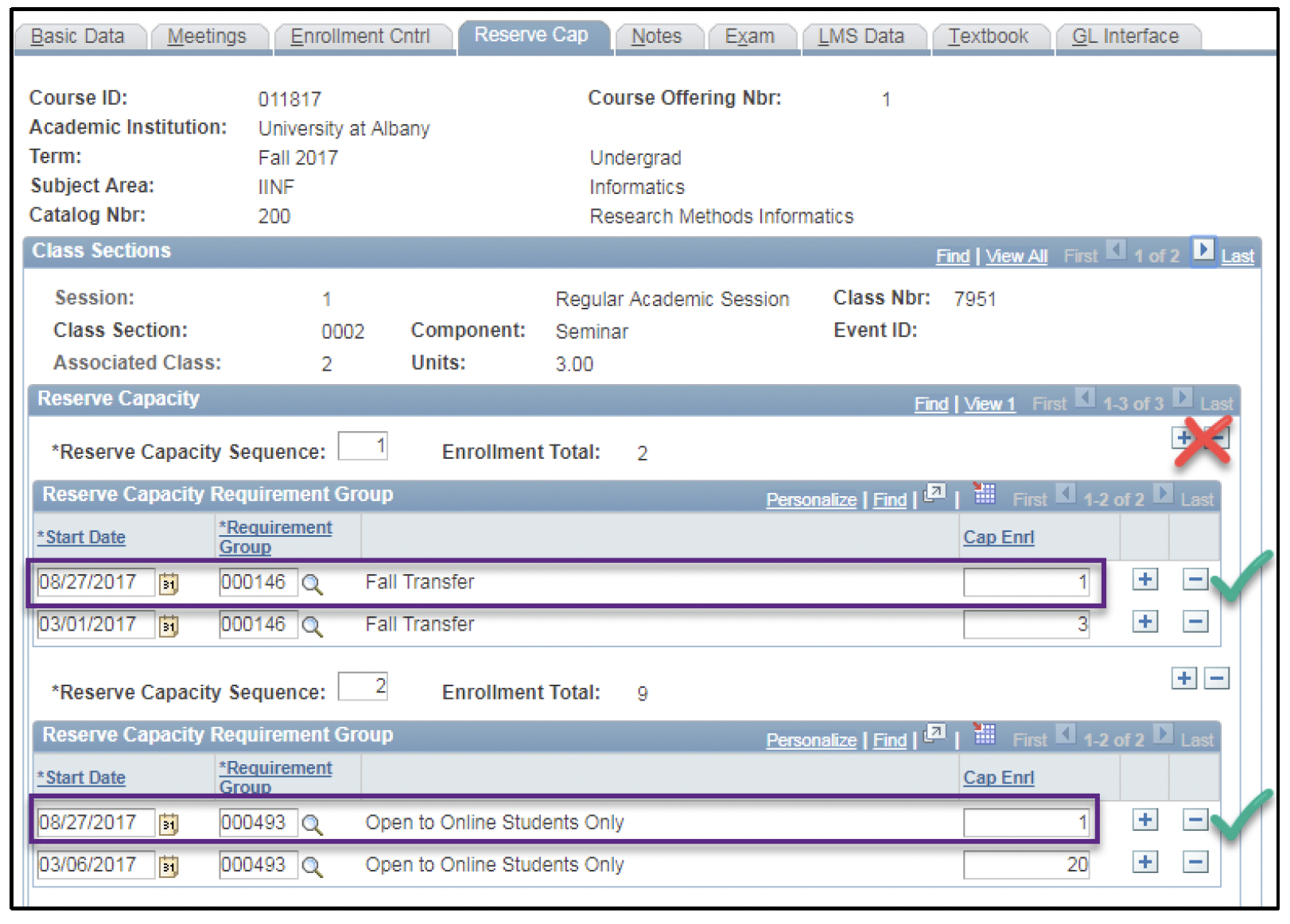 A screenshot of the PeopleSoft page, showing the wrong way to end a reserve, as described above.