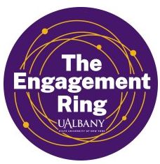 Circular purple logo with overlapping gold rings and the words "The Engagement Ring UAlbany" within the circle